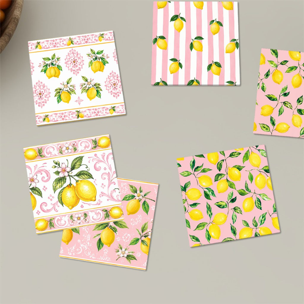 Little Italy Amalfi Pink with Lemon Majolica Tile-Style Coaster Set of Six