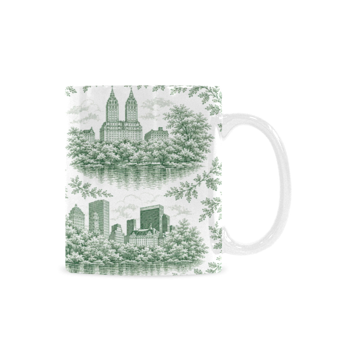 Central Park Green Toile de Jouy Mug | Manhattan Chinoiserie Ceramic Coffee Cup Custom White Mug (11oz)