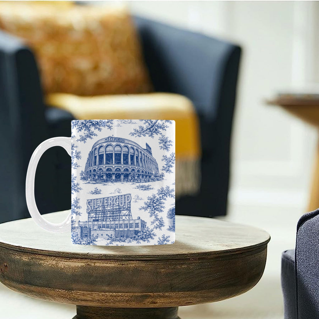 Queens Blue Toile de Jouy Mug | New York City Chinoiserie Ceramic Coffee Cup Custom White Mug (11oz)