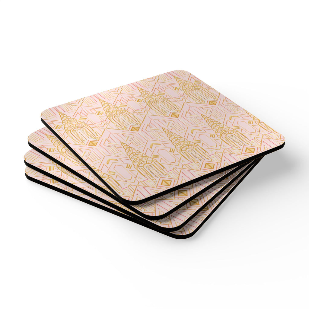 Art Deco Chrysler Building Gold & Pink Cork Coaster Set — Geometric Cocktail Coasters Set of 4