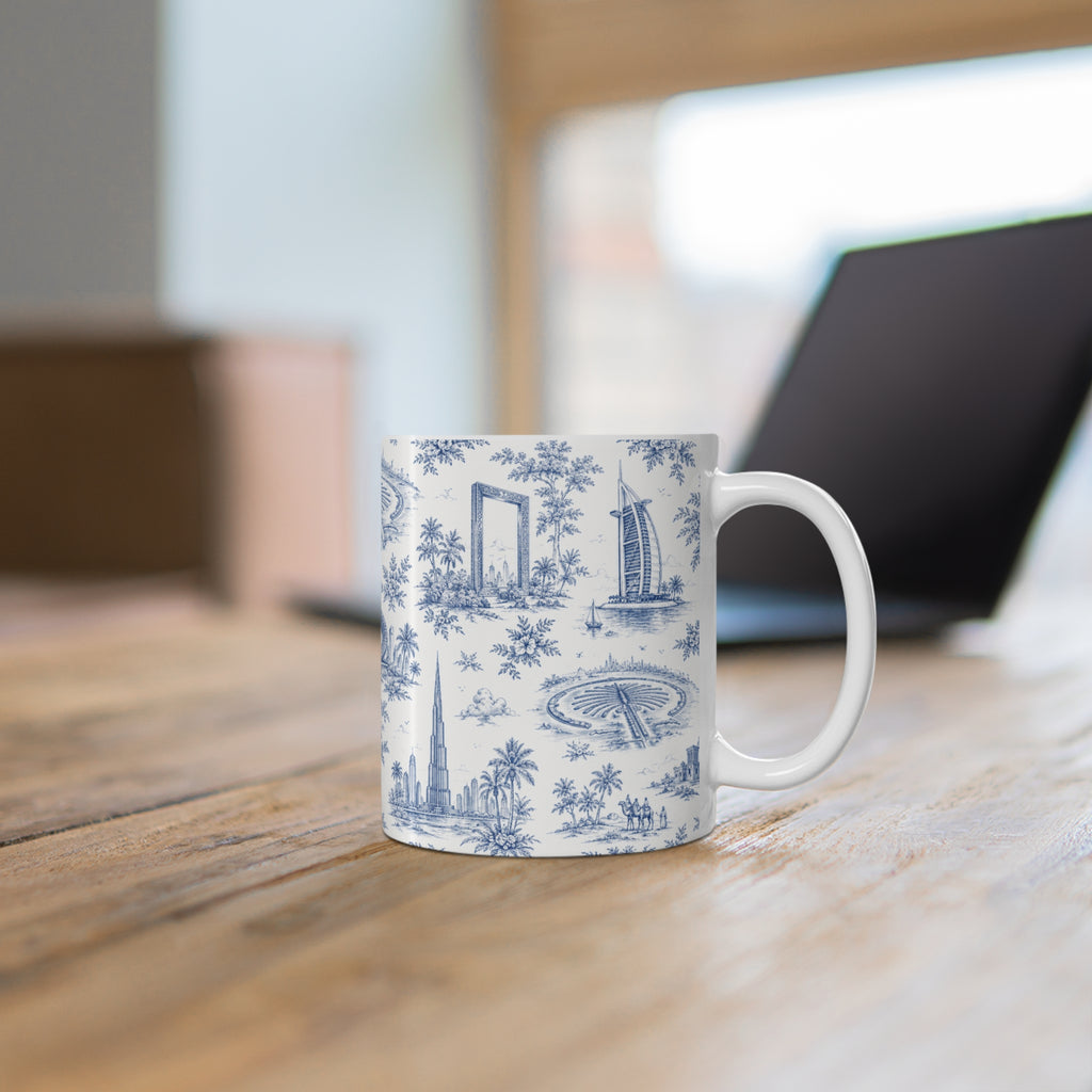 Dubai Blue Toile de Jouy Ceramic Mug -  Coffee Cup (11oz; Ships from Europe)