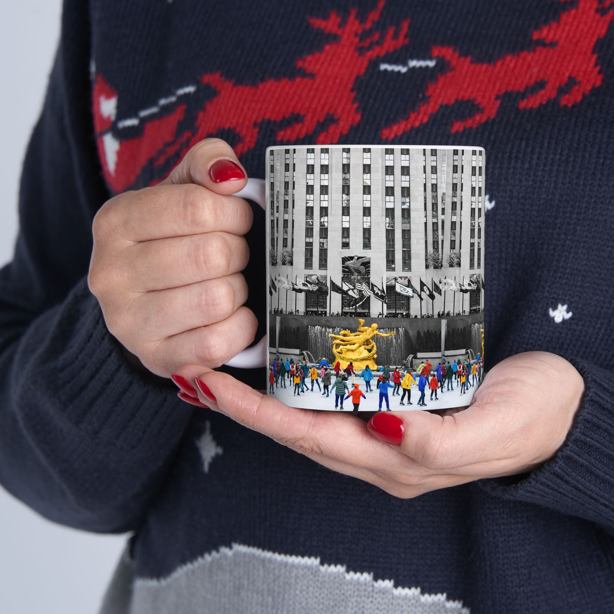Rockefeller Center Ice Skating Scene Mug | NYC Gold Prometheus Ceramic Coffee Cup