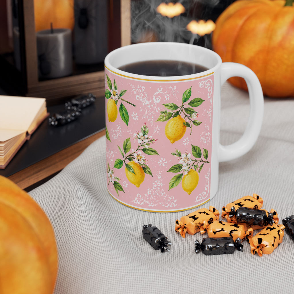 Little Italy Amalfi Pink with Lemon Mug 2 — Italian Mediterranean Pattern Coffee Cup (11oz)