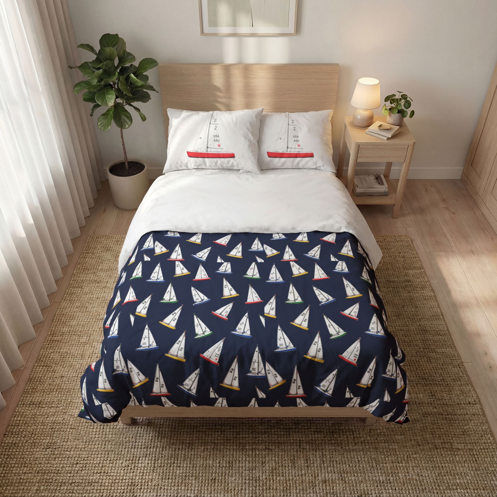 Central Park Model Sailboats Quilt Cover Set - 3-Piece Navy Duvet with Sail Pillowcases