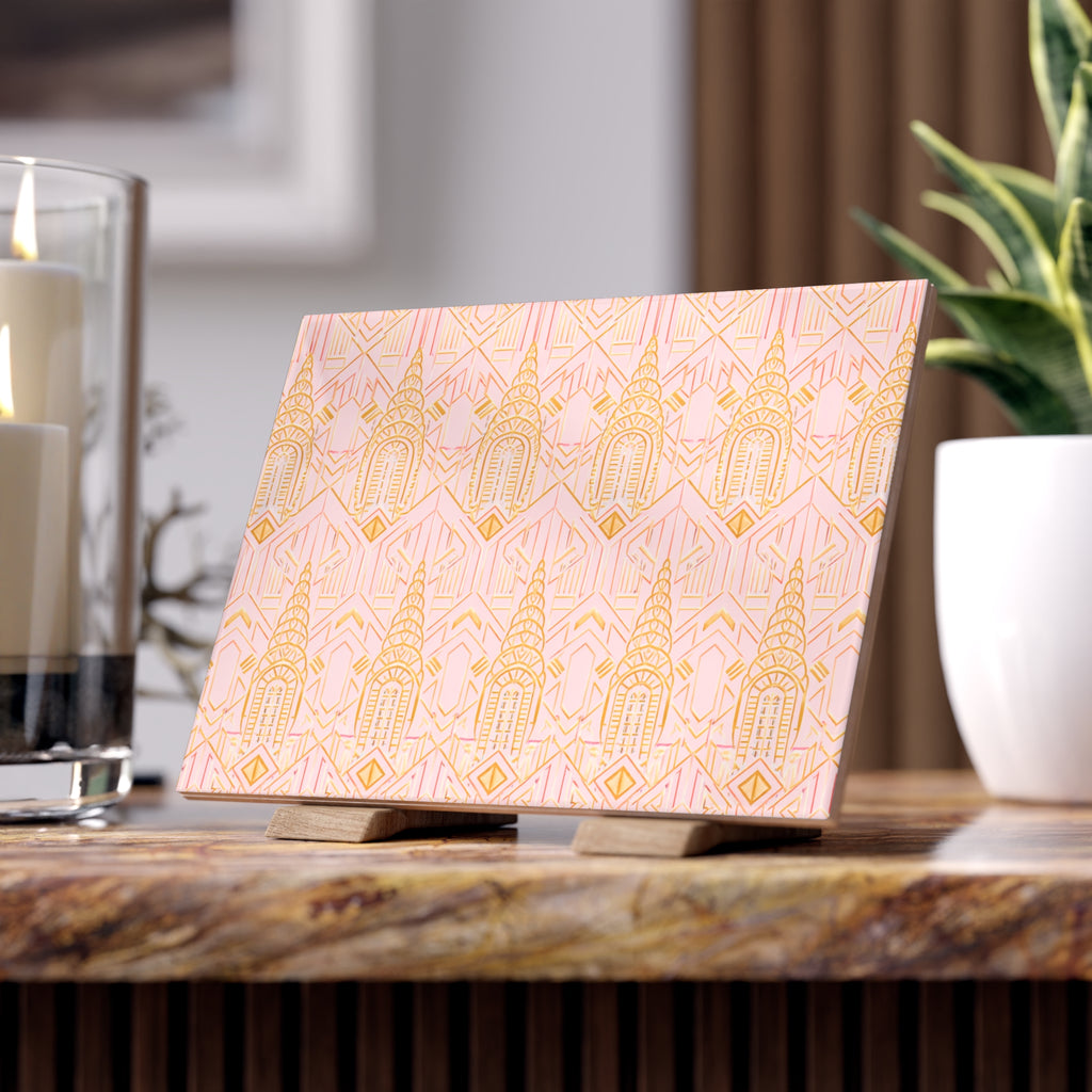 Carrelage mural de cuisine Art Déco en céramique Chrysler Building – Accent géométrique rose et or de New York 15 x 20 cm pour douche