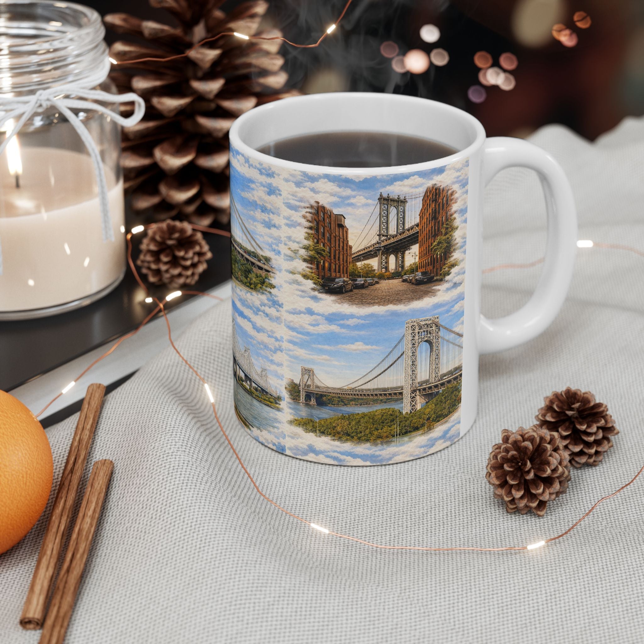 The Bridges of New York County Toile Mug | NYC Bridges Ceramic Coffee Mug