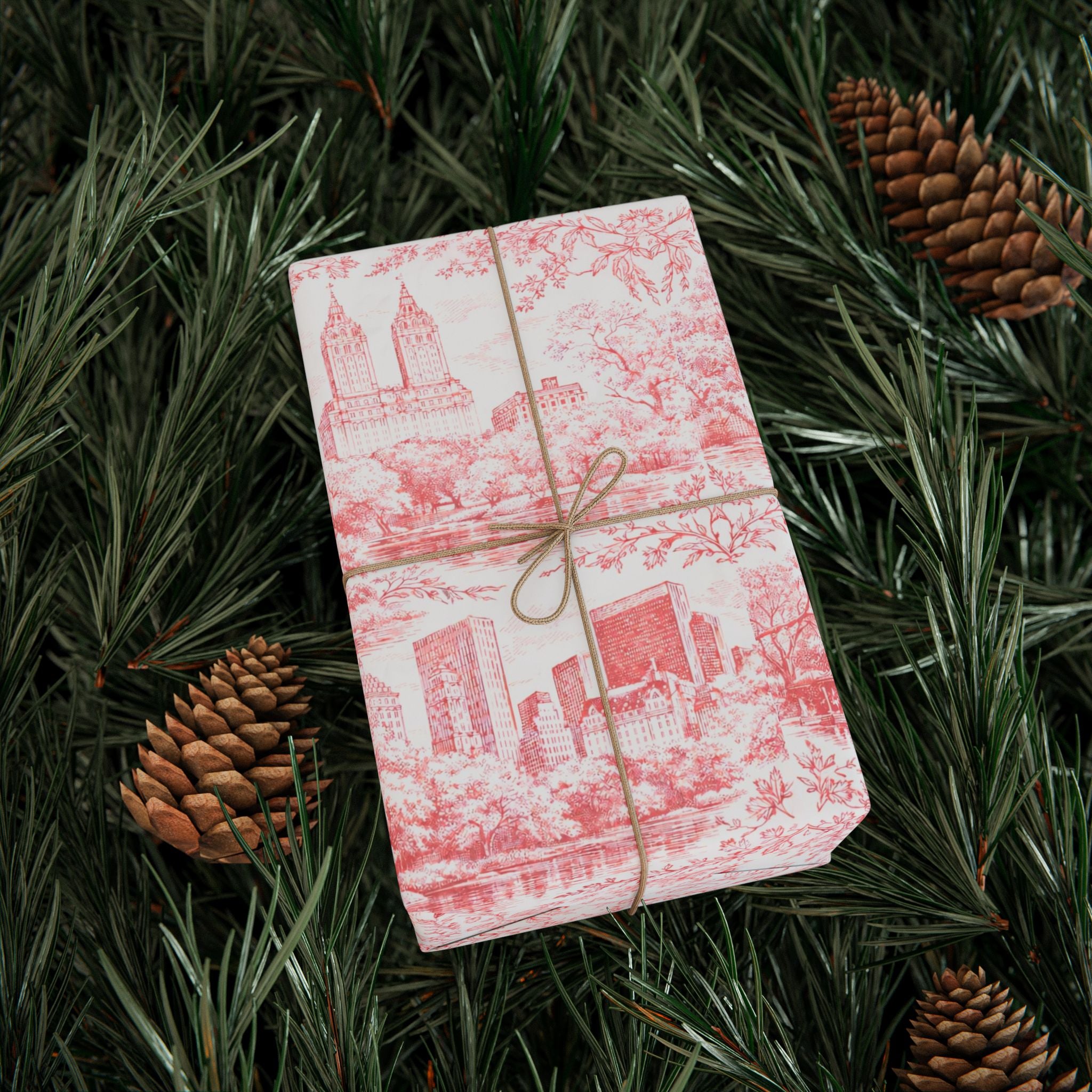 Central Park Red Toile NYC Wrapping Paper | New York City Scenic Toile Pattern Roll