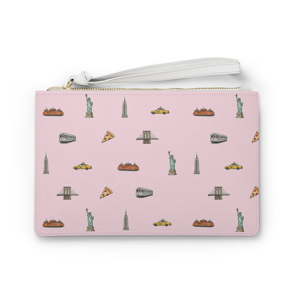 Icons of New York City Pink Make-up Bag — Statue of Liberty, Taxi & Pizza Pattern