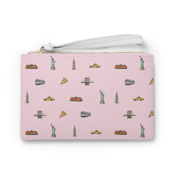 Icons of New York City Pink Clutch — Statue of Liberty, Taxi & Pizza Pattern