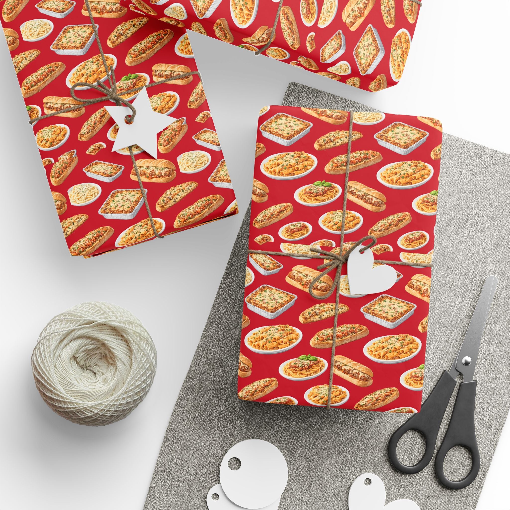 Italian Food Pattern Red Gift Wrap Paper | Pasta Spaghetti Rigatoni Meatball Sub Wrapping Paper Roll, Foodie Party Wrap