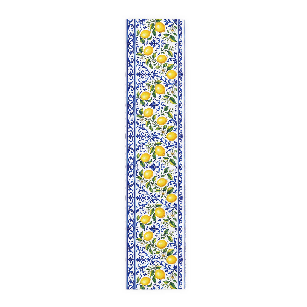 Little Italy Amalfi Blue and White with Lemon Table Runner – Mediterranean Blue & Yellow Dining Decor
