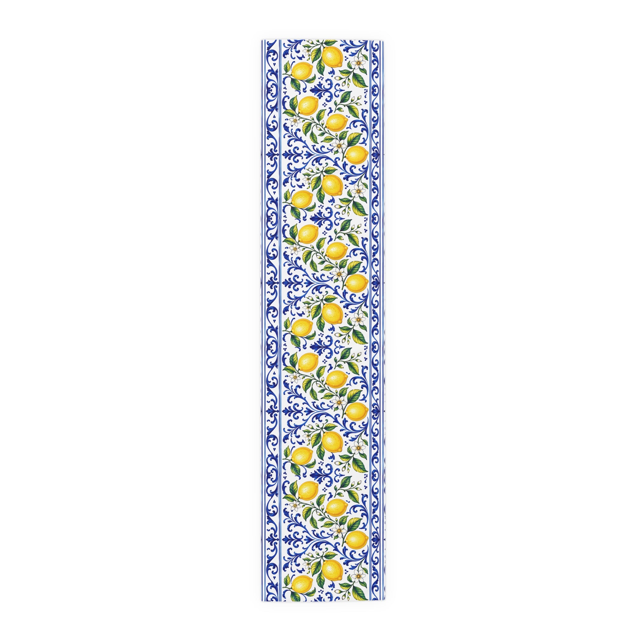 Little Italy Amalfi Blue and White with Lemon Table Runner – Mediterranean Blue & Yellow Dining Decor