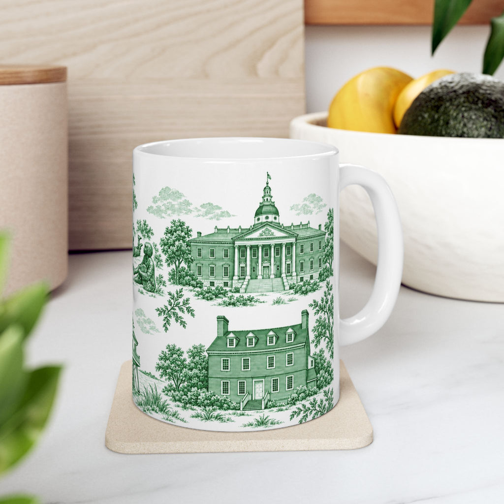 Annapolis Green Toile de Jouy Ceramic Mug – Vintage Scenic 11oz Mug