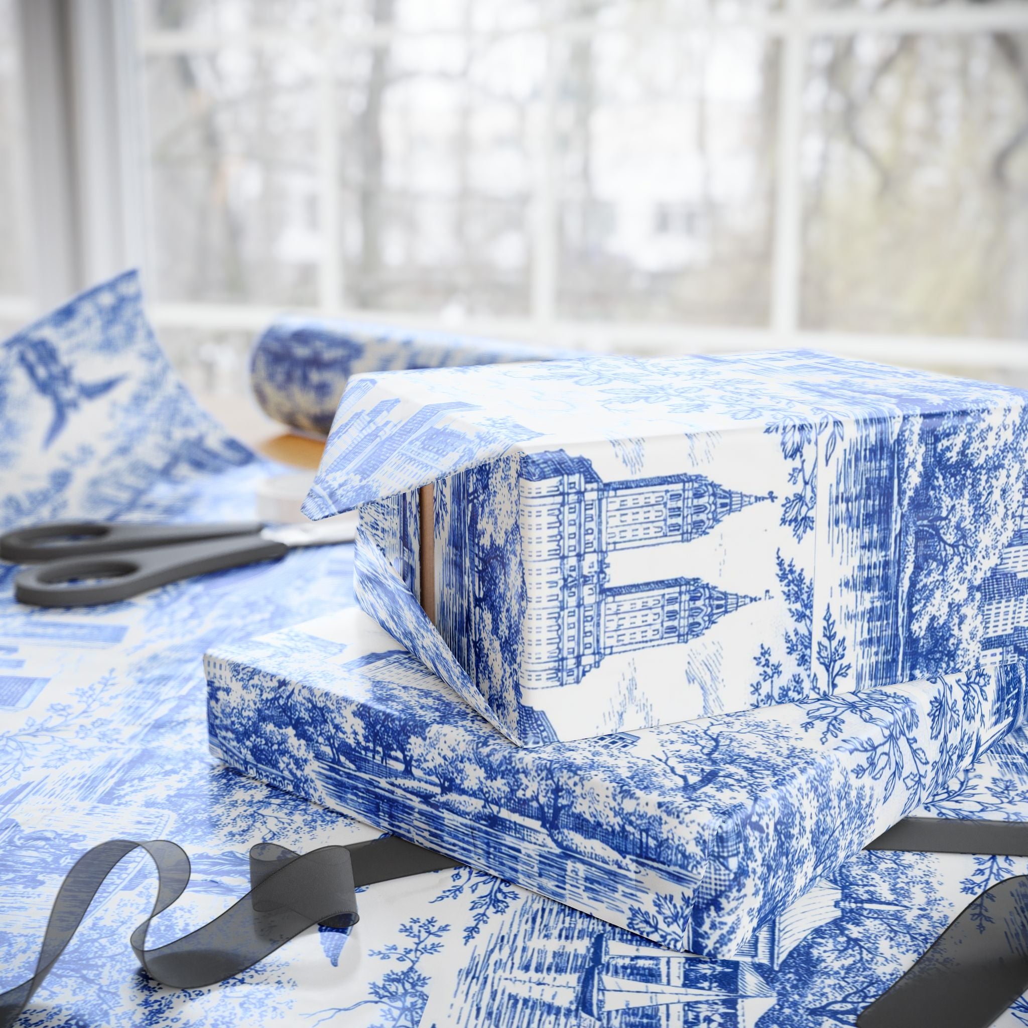 Central Park Blue Toile NYC Wrapping Paper | New York City Scenic Toile Pattern Roll