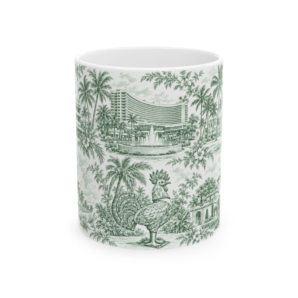 Miami Green Toile de Jouy Ceramic Mug — Vintage Palm Florida Chinoiserie 11oz