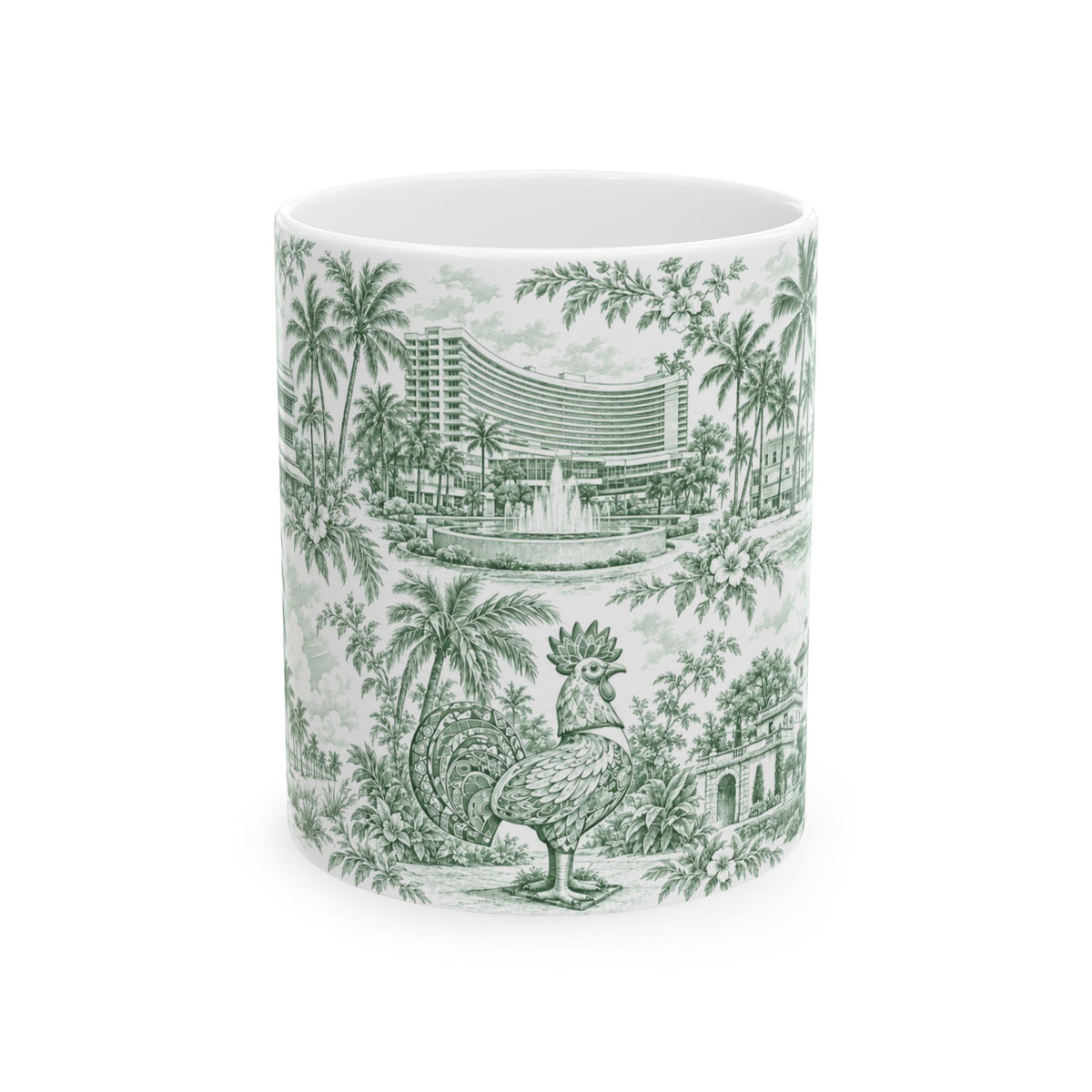 Miami Green Toile de Jouy Ceramic Mug — Vintage Palm Florida Chinoiserie 11oz