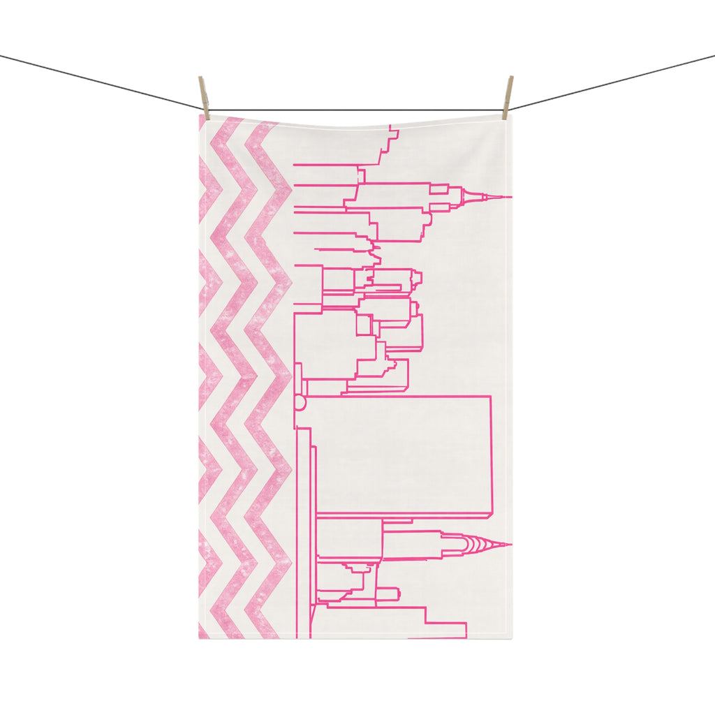 NYC Manhattan Skyline Pink Chevron Tea Towel — Minimal Pink & White New York City Skyline Kitchen Linen