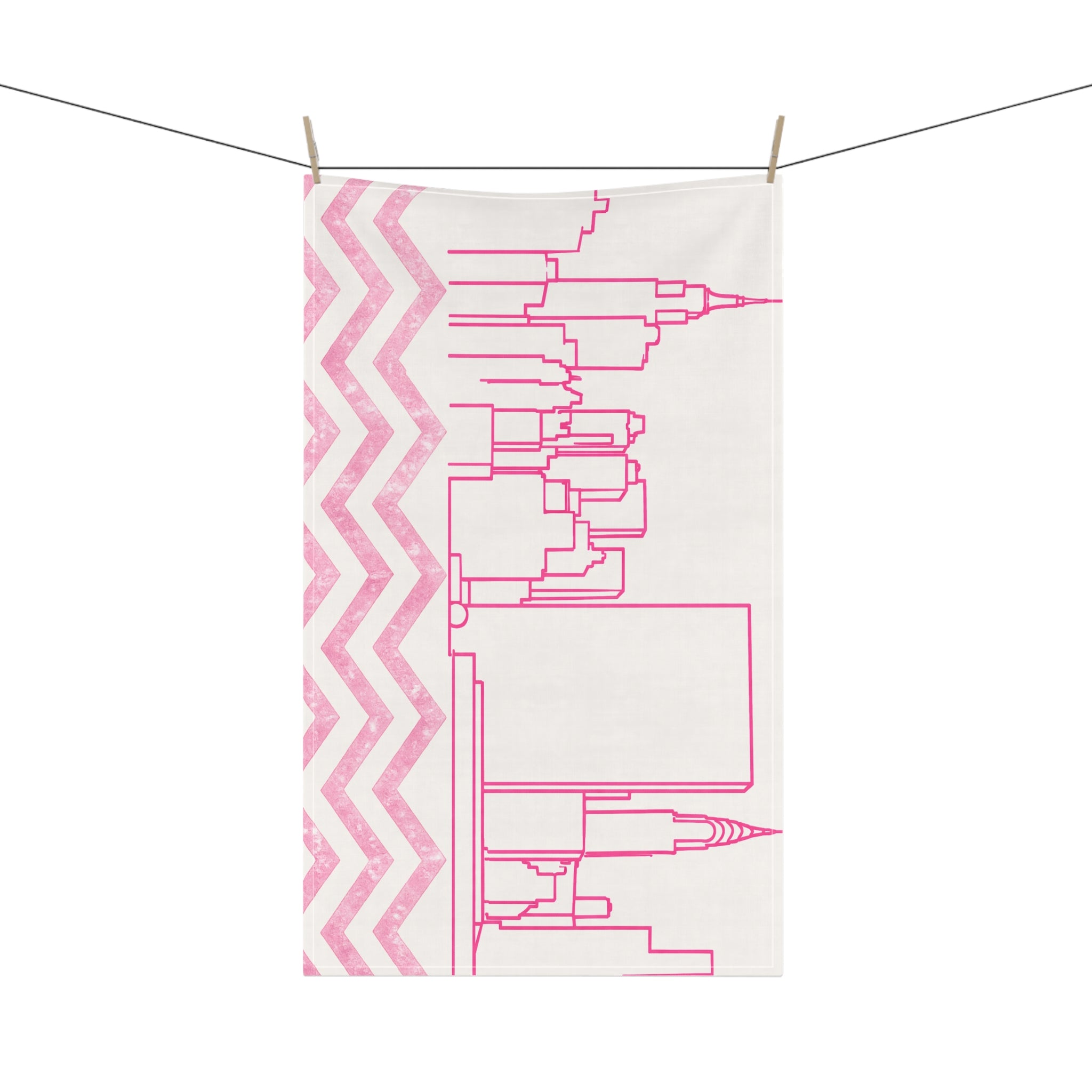 NYC Manhattan Skyline Pink Chevron Tea Towel — Minimal Pink & White New York City Skyline Kitchen Linen