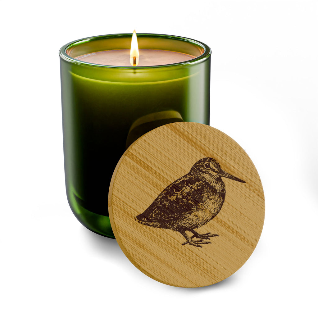 Engraved Bryant Park American Woodcock Soy Candle 14oz — Woodcock Bird Lover Gift Bamboo Lid, Scented Glass Jar