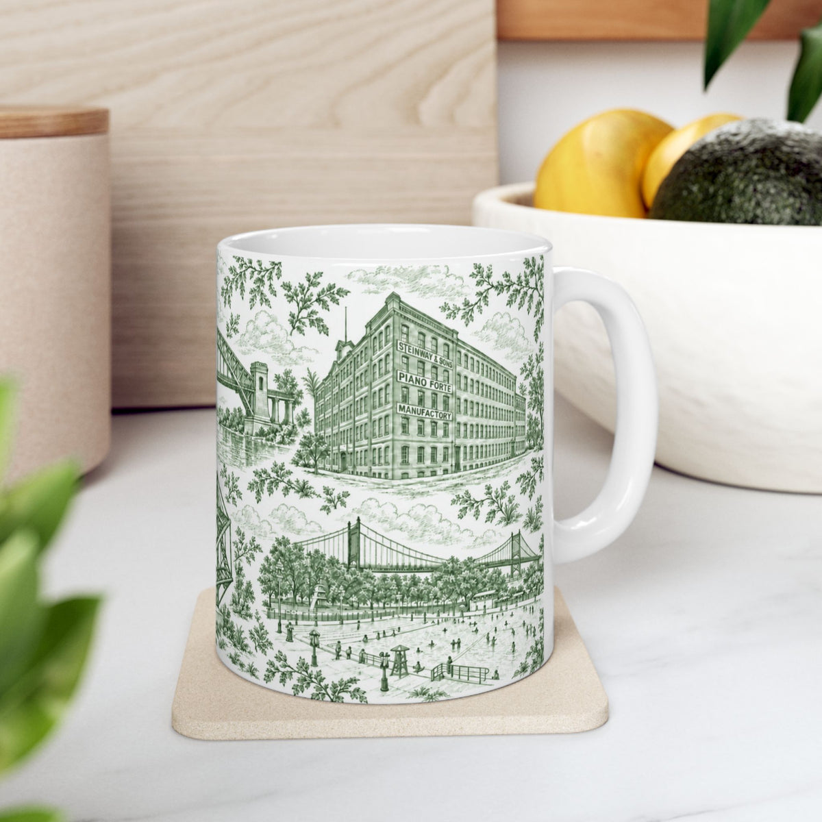 Astoria Green Toile Cityscape Ceramic Mug — 11oz Decorative Coffee Cup