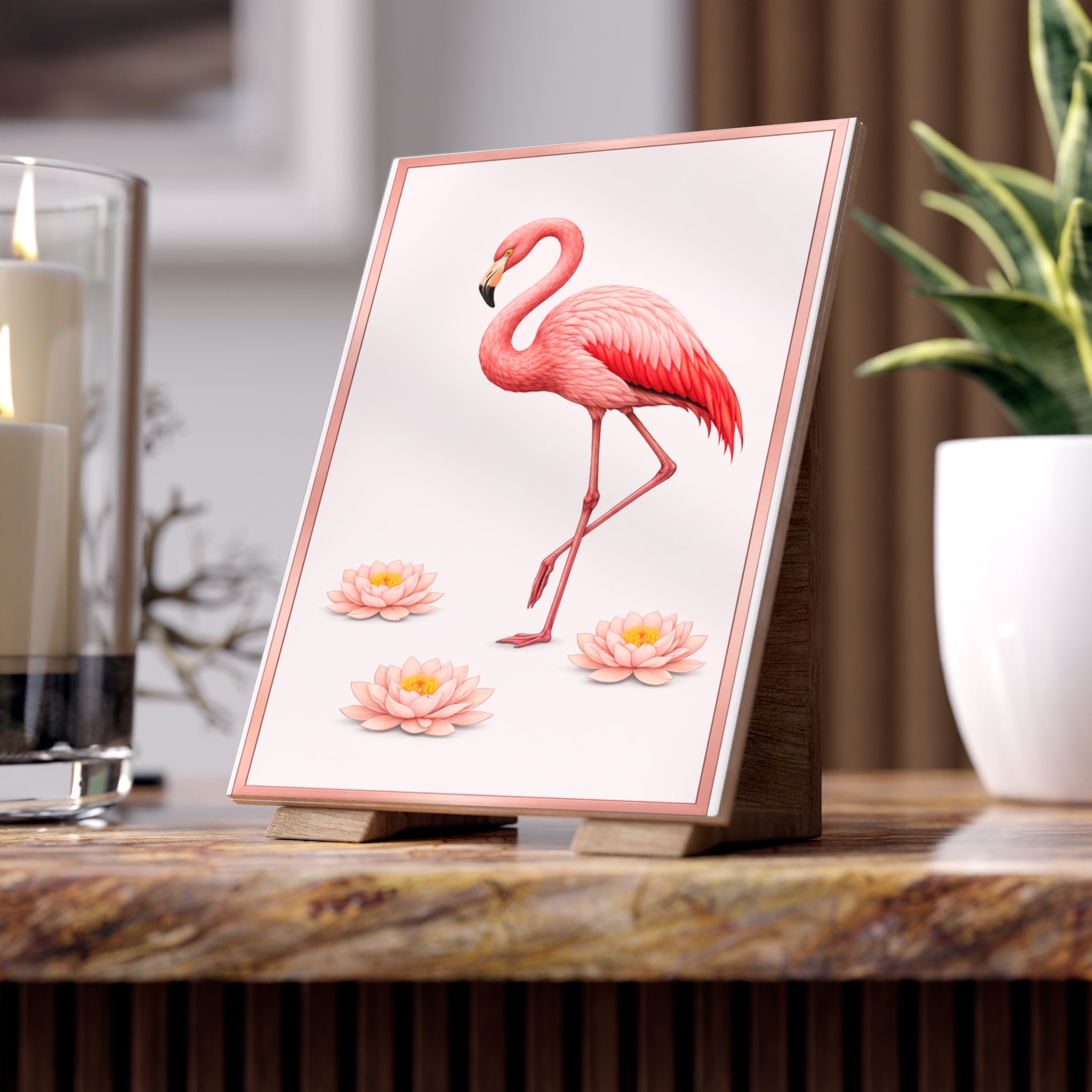 Bronx Zoo Pink Flamingo Ceramic Shower Tile - Coastal Ceramic Bath Tile 6" x 8"