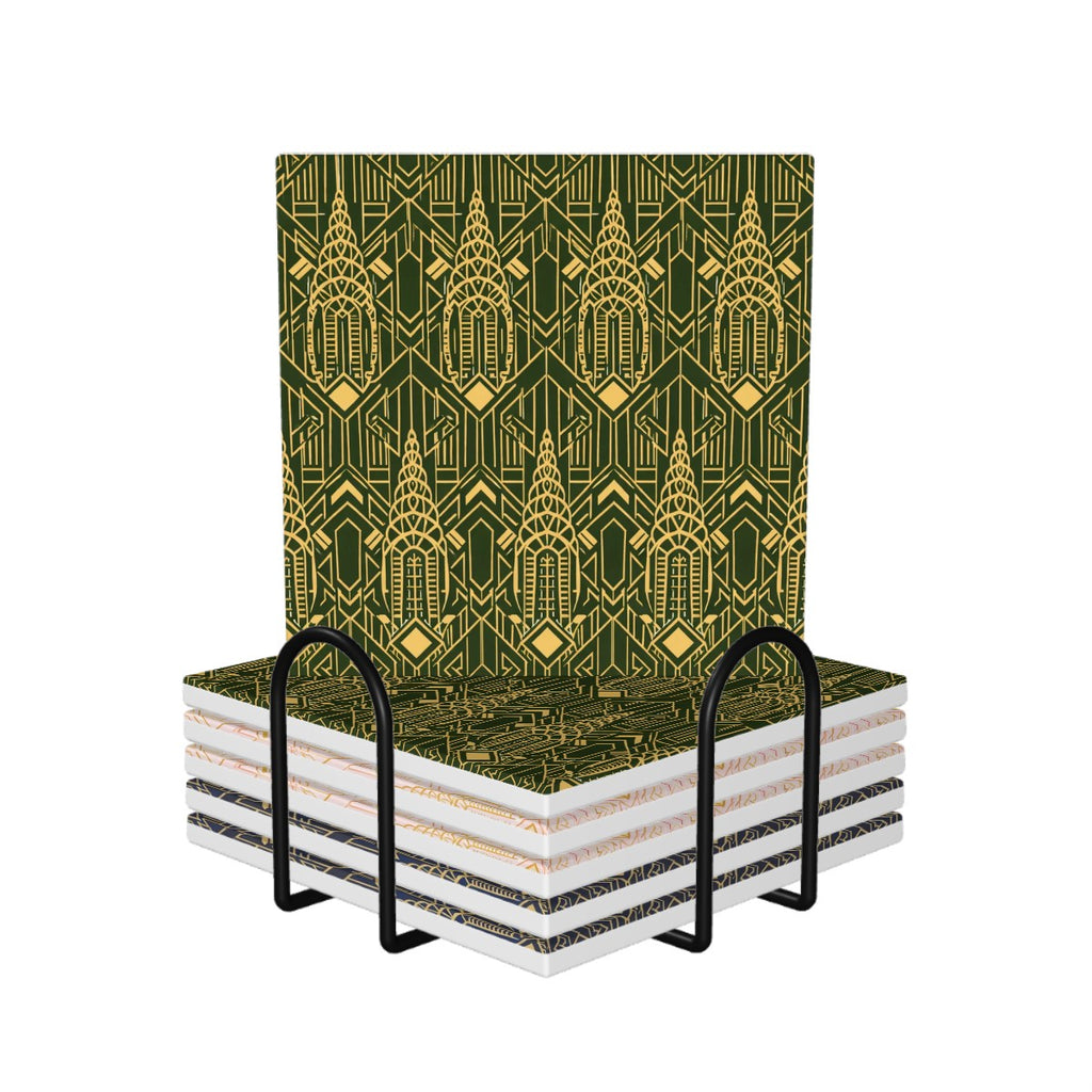 Art Deco Chrysler Building Square  Coasters 6 Piece Set (Green, Pink, Blue)