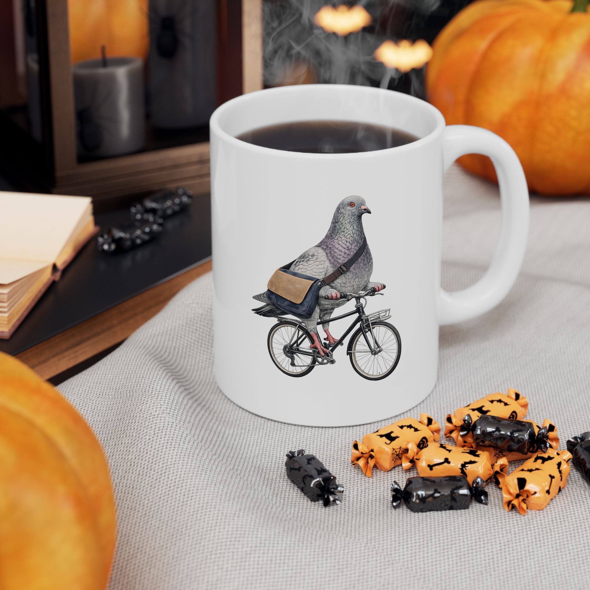 Customizable Midtown NYC Pigeon Mug | New York Bike Messenger Bird Lovers Ceramic Coffee Cup