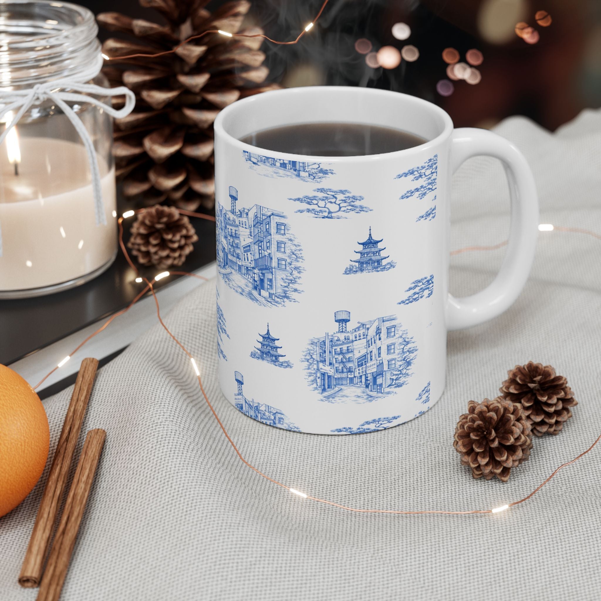 Chinatown Doyers Street Blue Toile de Jouy Mug | New York City Chinoiserie Ceramic Mug 11oz