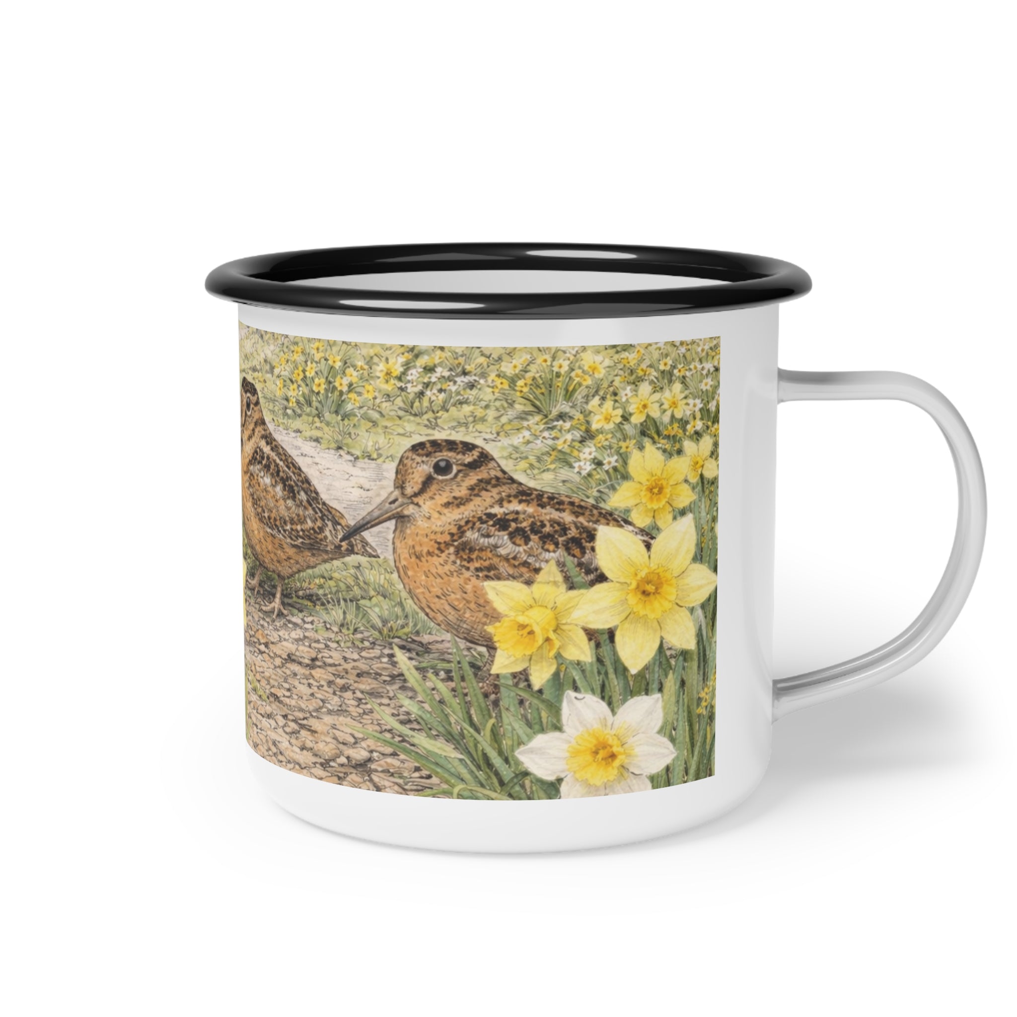 Bryant Park American Woodcock Springtime Enamel Camping Mug — Woodcock Bird Illustration, Rustic Outdoor Campgrounds Coffee Cup