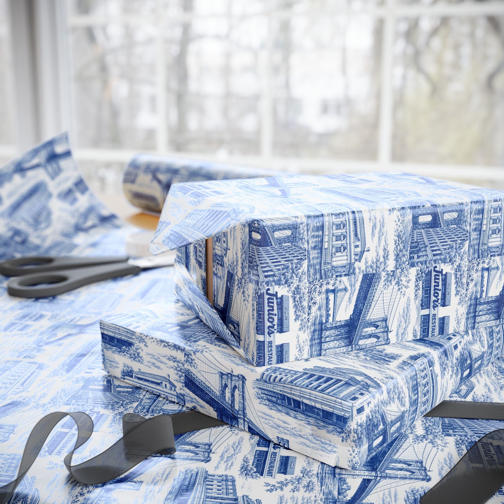Brooklyn NYC Blue Toile Gift Wrapping Papers   Chinoiserie New York City Gift Wrap Brooklyn Bridge Prospect Park Junior's DUMBO Museum