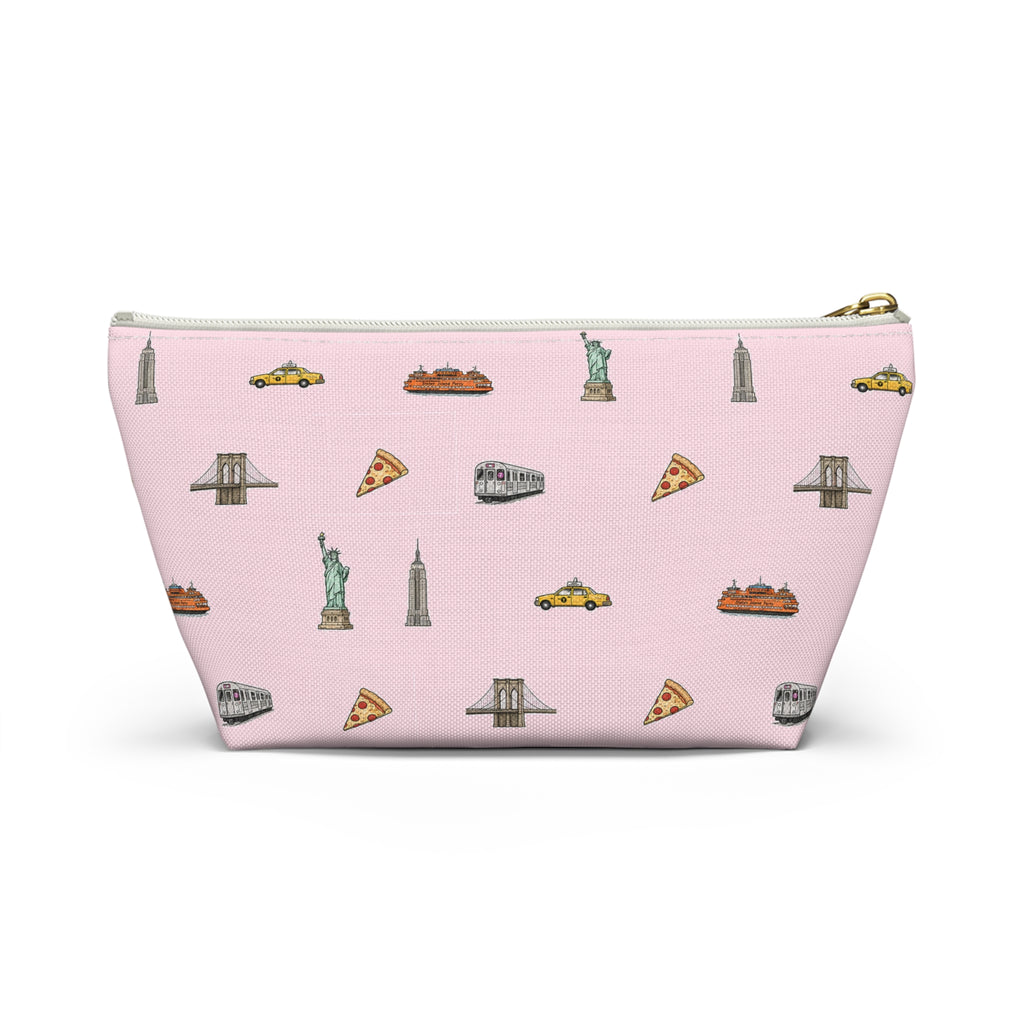 Icons of New York City Pink  Accessory Pouch — T-Bottom Makeup Bag with Statue of Liberty, Taxi & Pizza Pattern