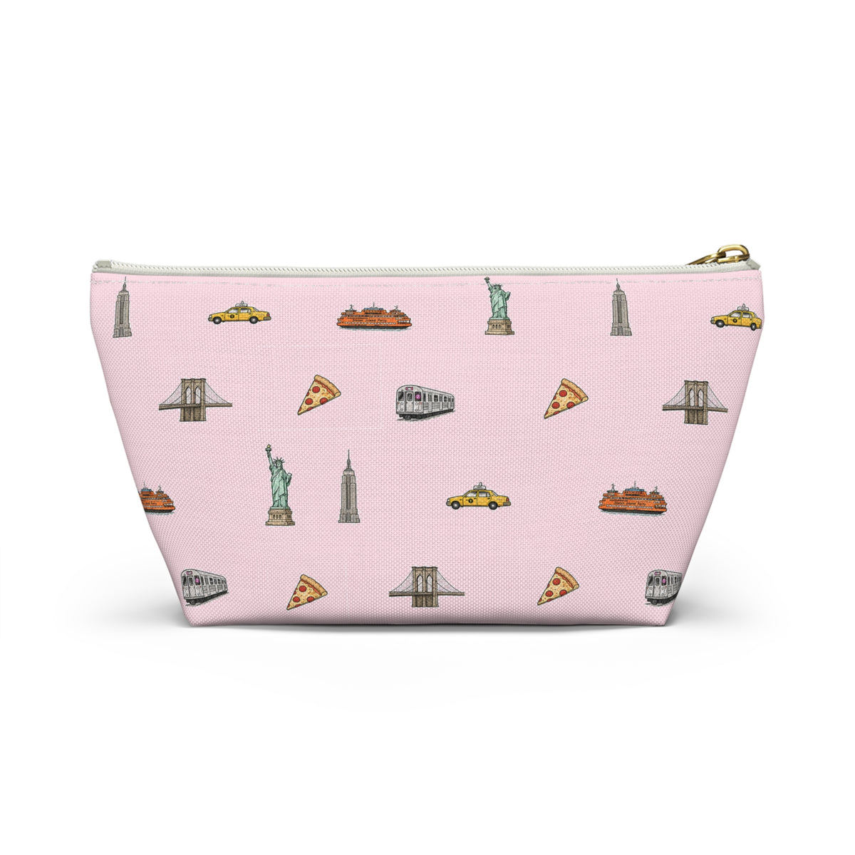 Icons of New York City Pink  Accessory Pouch — T-Bottom Makeup Bag with Statue of Liberty, Taxi & Pizza Pattern