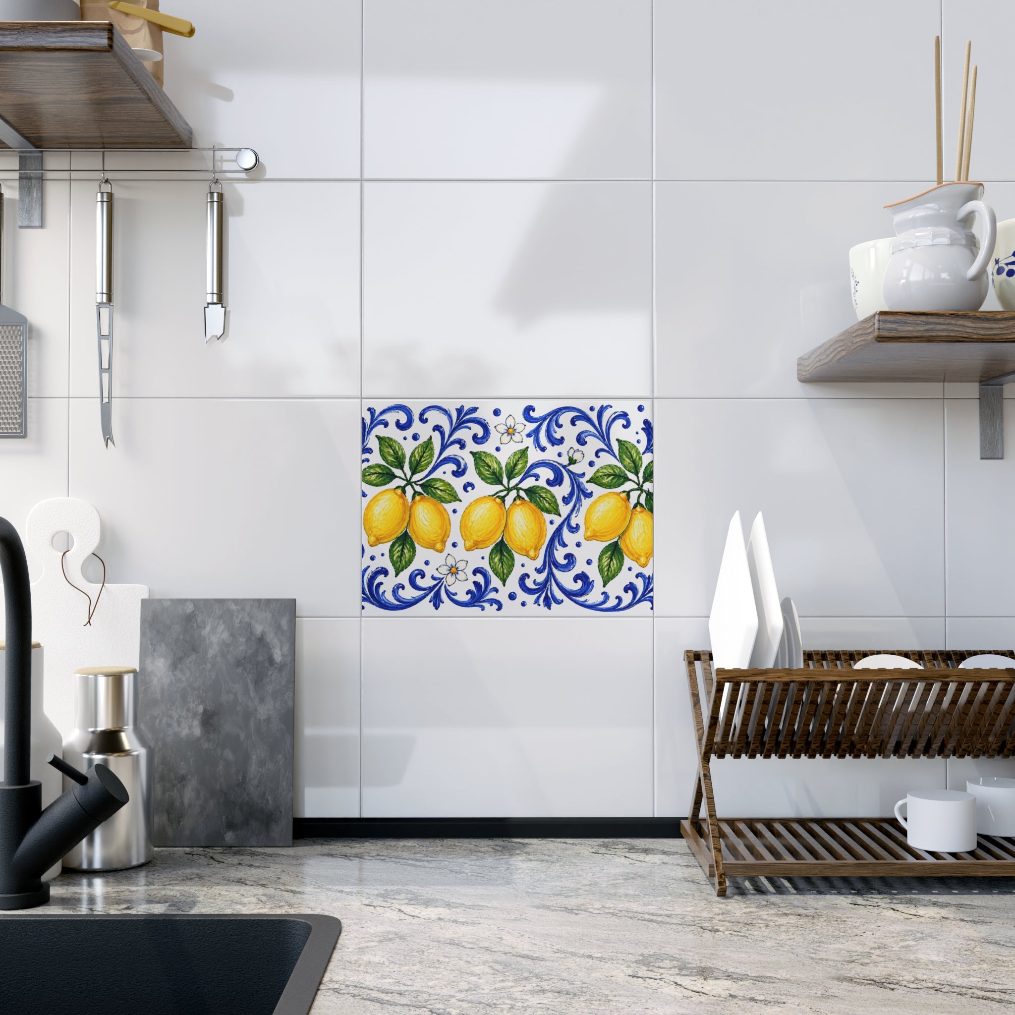 Little Italy Amalfi Blue and White with Lemon Ceramic Tile - Mediterranean Lemon Decorative Kitchen Backsplash Tile Art 6" x 8"