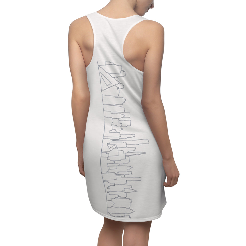 Manhattan Silver Skyline on White Racerback Dress — View from Queens and New Jersey Dress