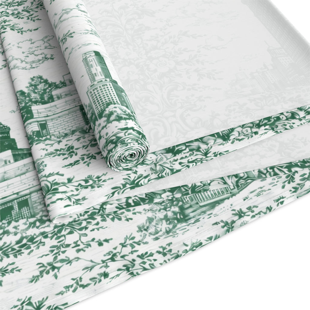 Green Toile de Jouy New York City Cityscape Table Runner — Scenic NYC Chinoiserie Skyline Dining Table Decor