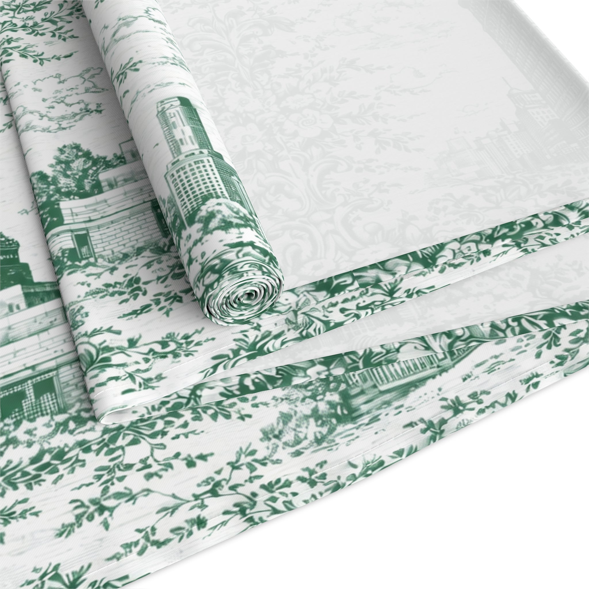 Green Toile de Jouy New York City Cityscape Table Runner — Scenic NYC Chinoiserie Skyline Dining Table Decor
