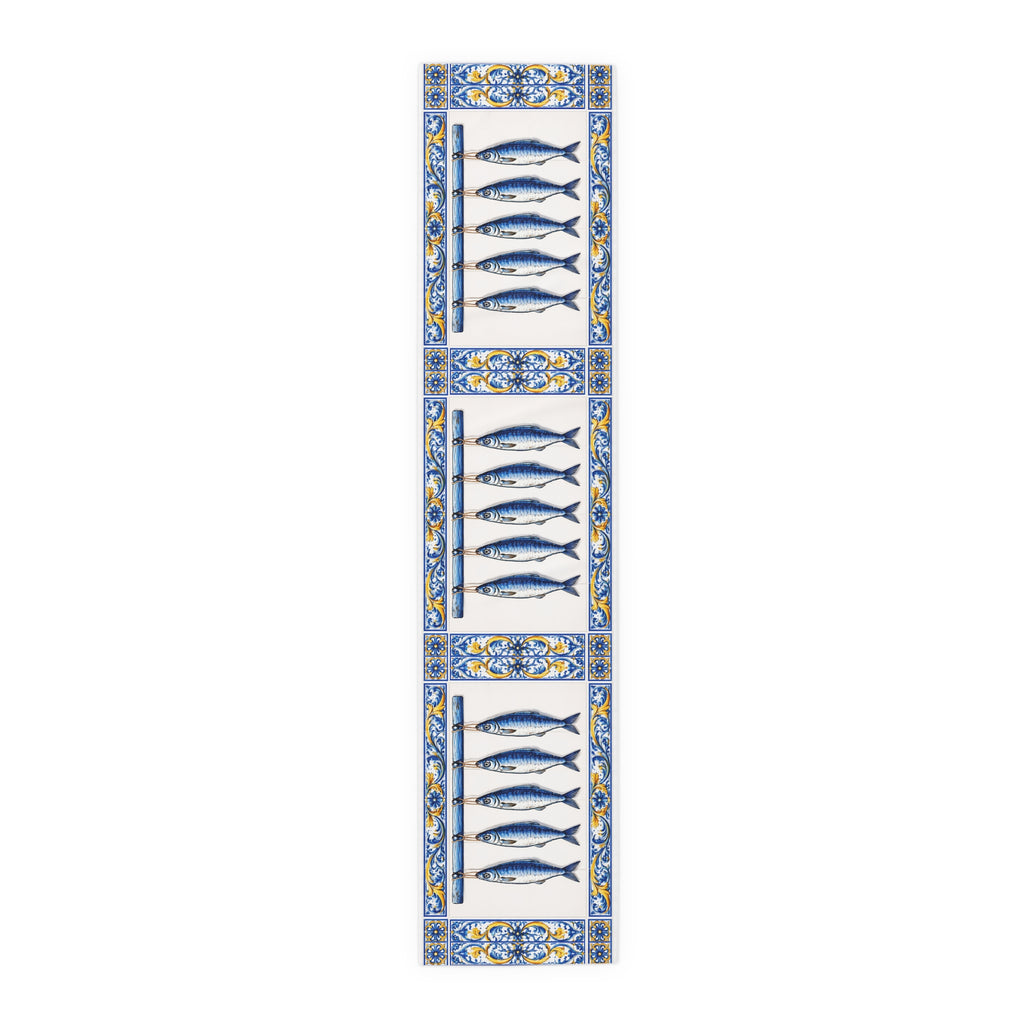 Camino de mesa con azulejos azules y amarillos de peces estilo East Hampton — Decoración de cocina de sardina azul, acento costero para comedor