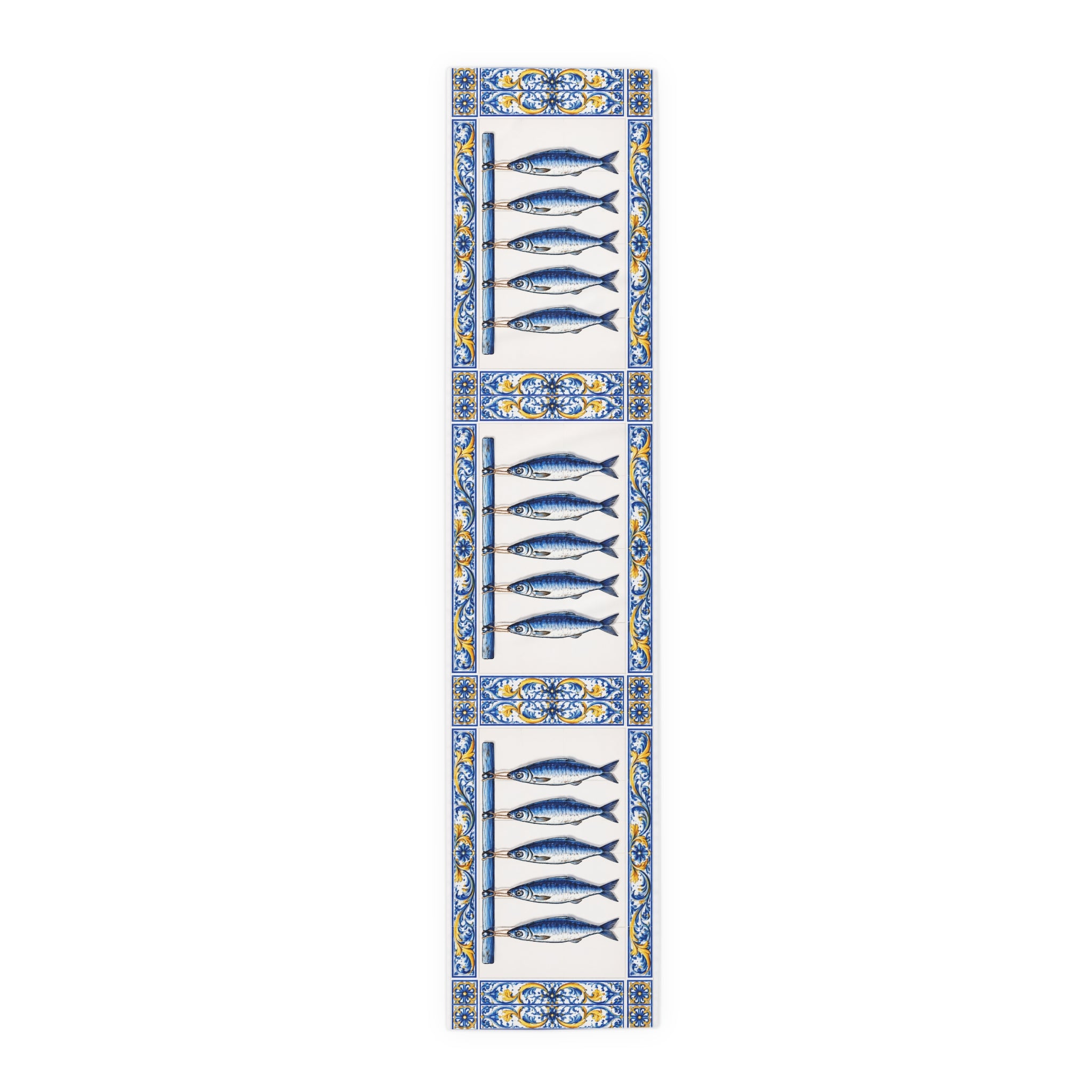 Camino de mesa con azulejos azules y amarillos de peces estilo East Hampton — Decoración de cocina de sardina azul, acento costero para comedor