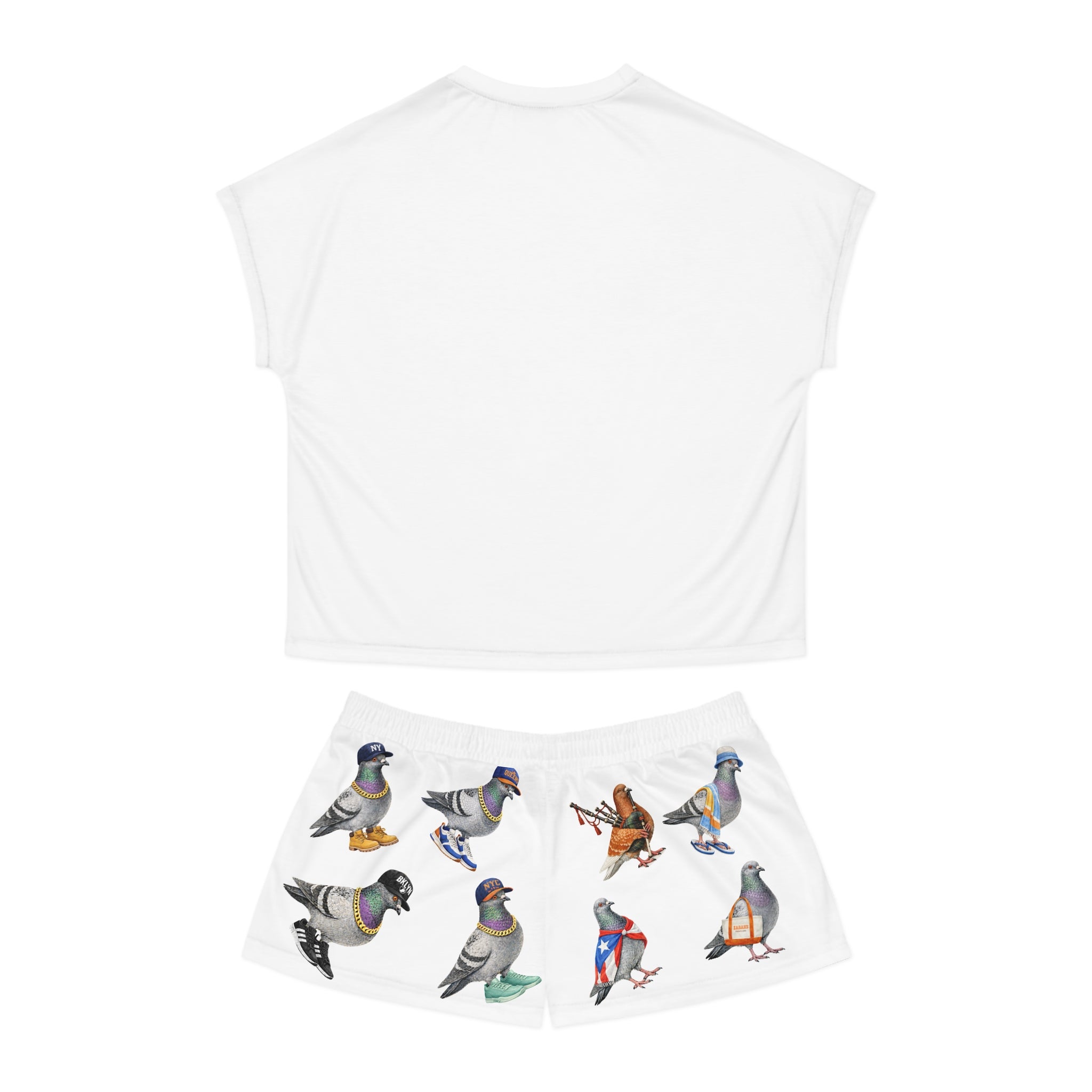 White NYC Pigeons Pattern Short Pajama Set | New York City Bird Lovers PJs Cozy Sleepwear