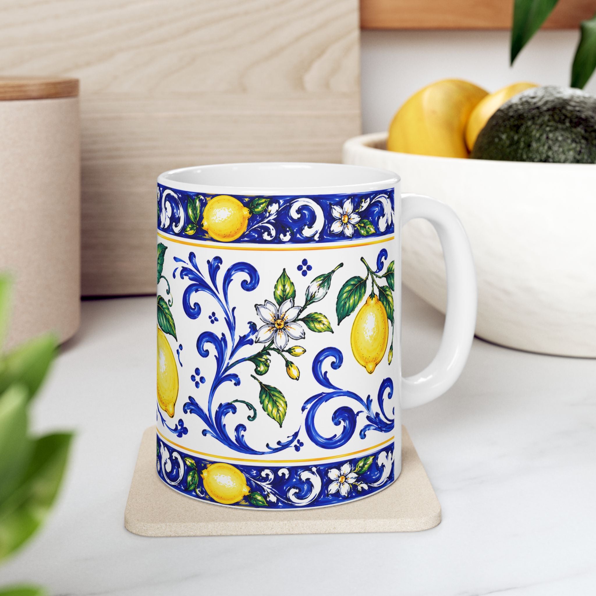 Little Italy Amalfi Blue and White with Lemon Mug — Italian Mediterranean Pattern Coffee Cup (11oz)