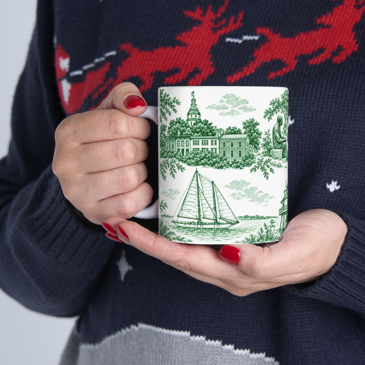 Annapolis Green Toile de Jouy Ceramic Mug – Vintage Scenic 11oz Mug