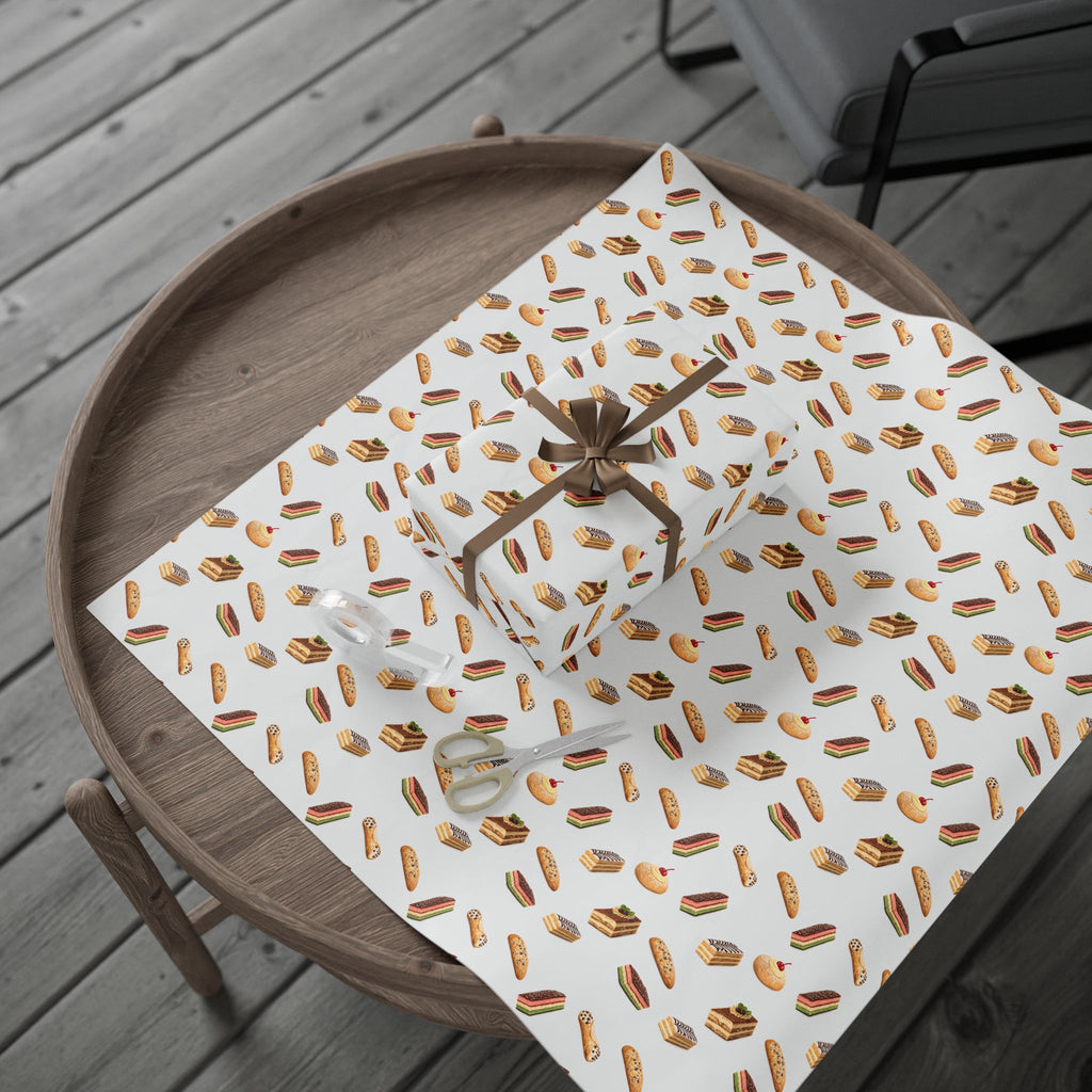 Italian Bakery Pastry Pattern Gift Wrap Paper | White Bakery Pastries Biscotti Tiramisu Rainbow Cookies Wrapping Paper Roll