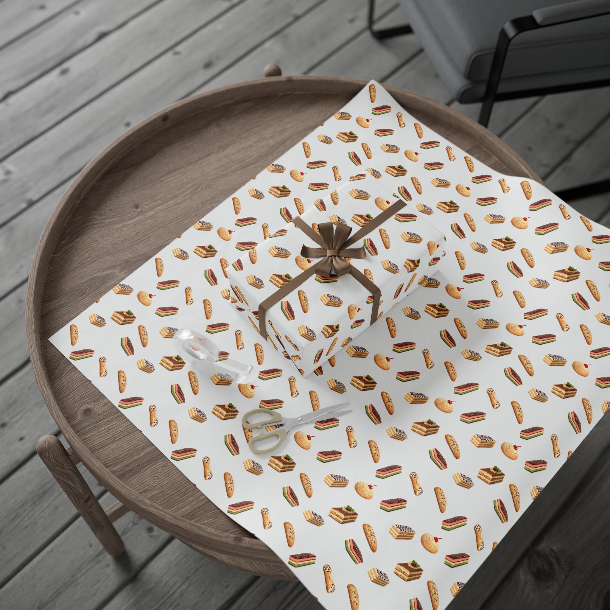 Italian Bakery Pastry Pattern Gift Wrap Paper | White Bakery Pastries Biscotti Tiramisu Rainbow Cookies Wrapping Paper Roll