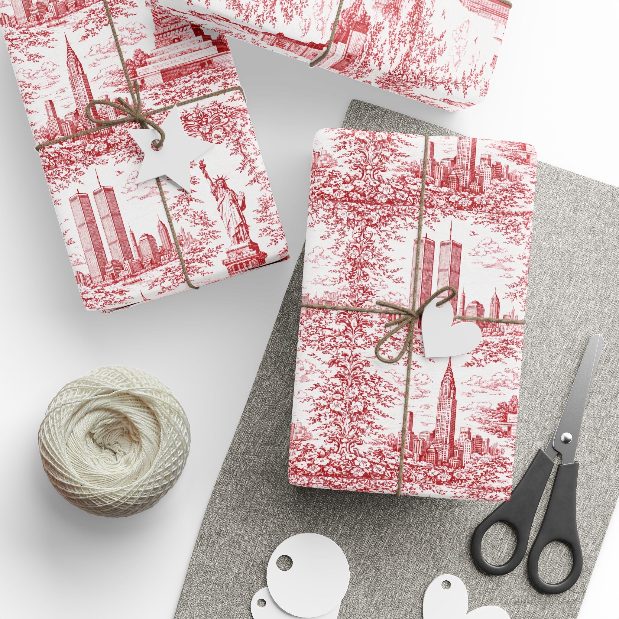 Manhattan NYC Red Toile Gift Wrapping Papers   Chinoiserie Old New York City Gift Wrap Empire State Building Twin Towers Statue of Liberty