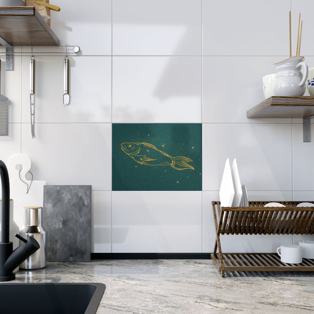 Grand Central Station-inspired Gold Pisces Zodiac Fish on Teal Ceramic Bath Tile (Astrology Home Décor) 6" x 8"