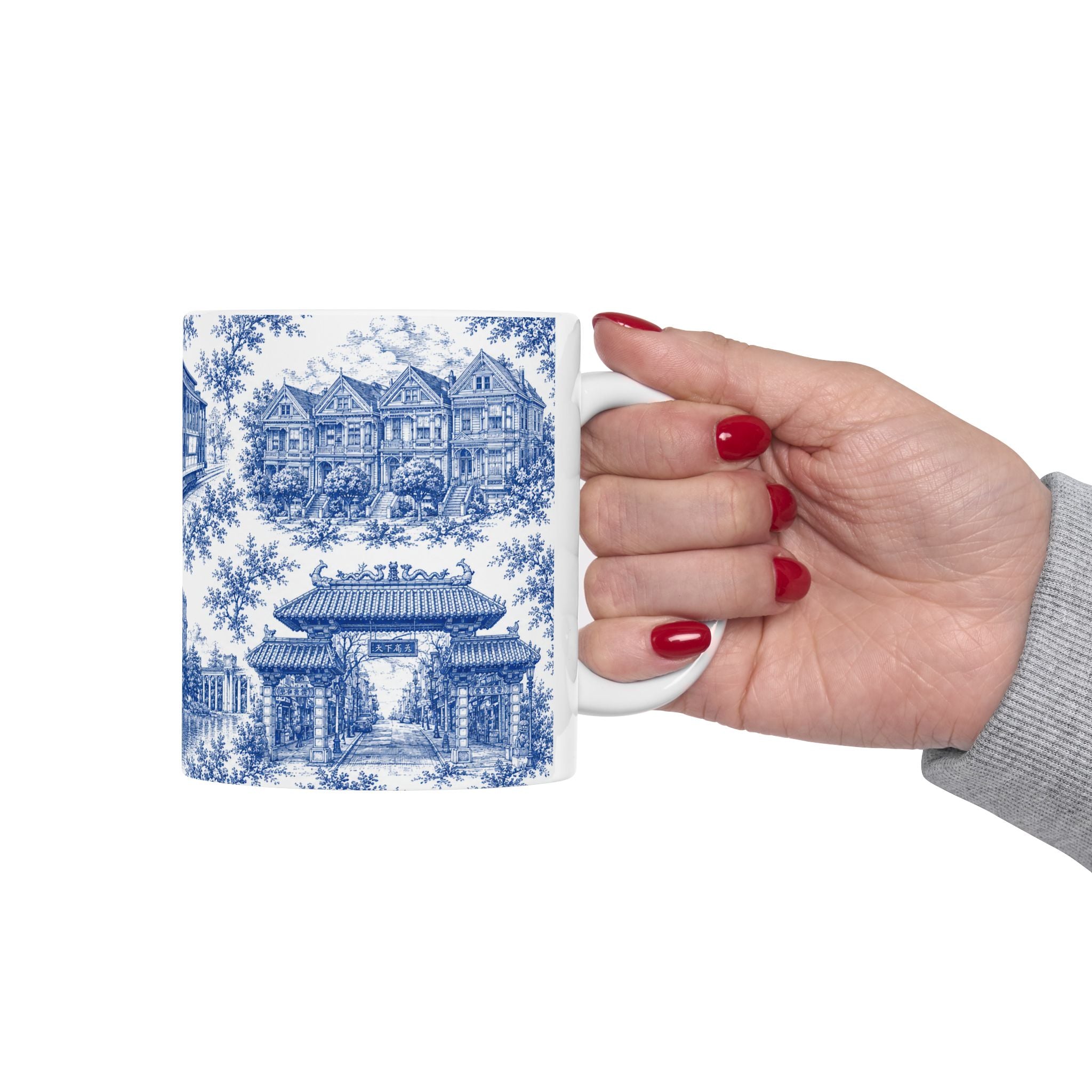 San Francisco Blue Toile de Jouy Ceramic Mug — Vintage Cable Car & Palace of Fine Arts Design (11oz)