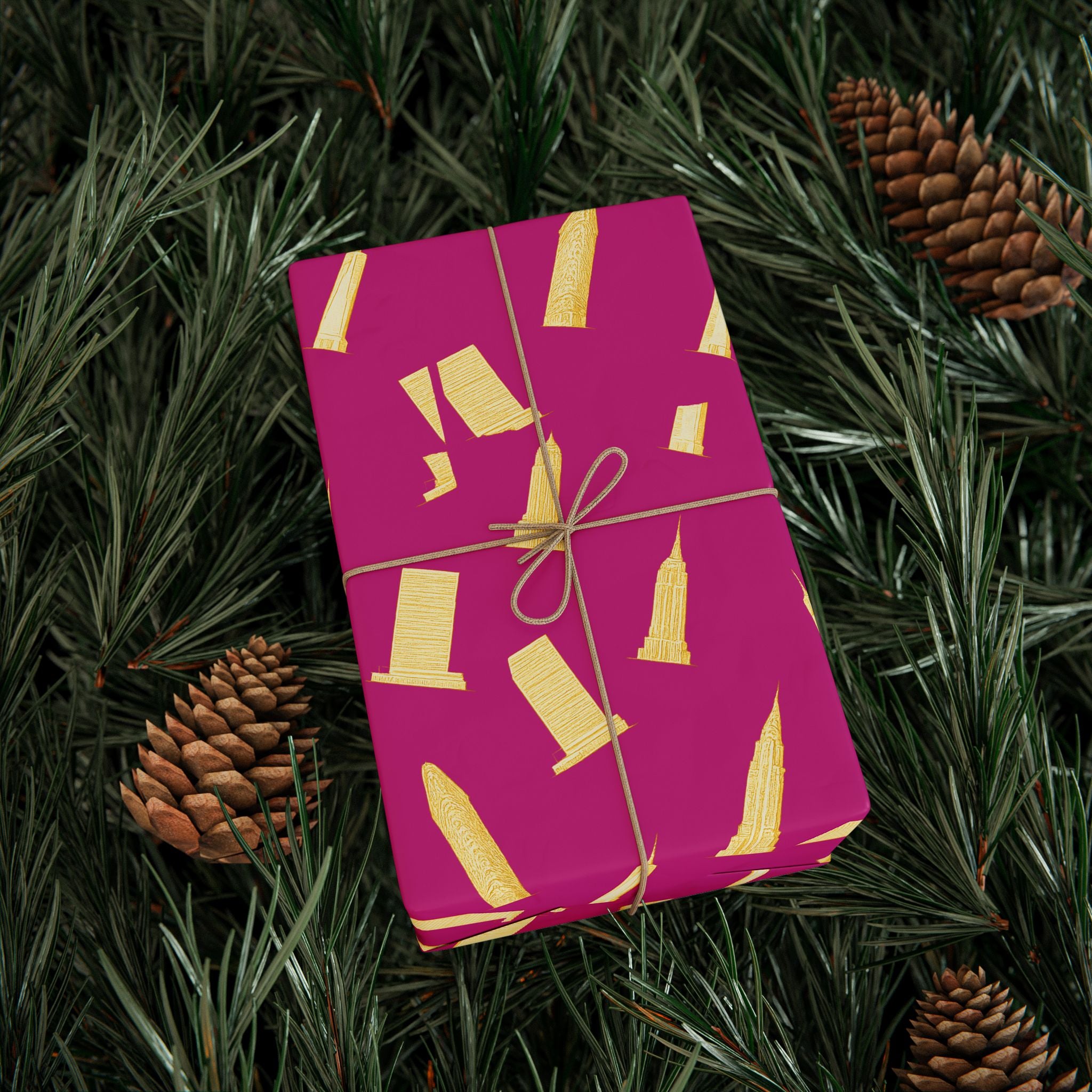 NYC Architecture Gold on Pink Pattern Gift Wrap Paper | Iconic New York Buildings Empire State Chrysler Flatiron Wrapping Paper