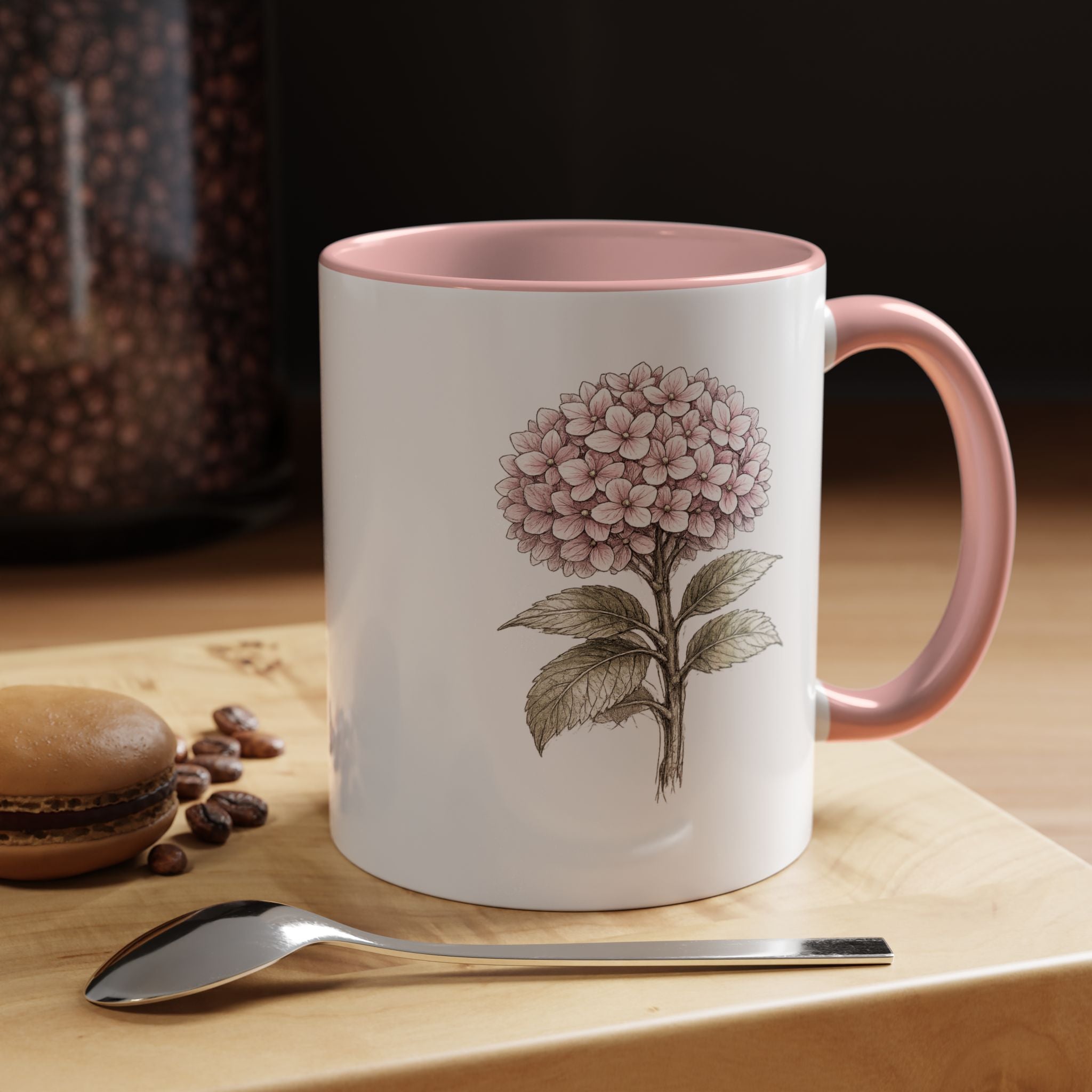 Hamptons Pink Hydrangea Accent Coffee Mug – Blue Floral 11 oz