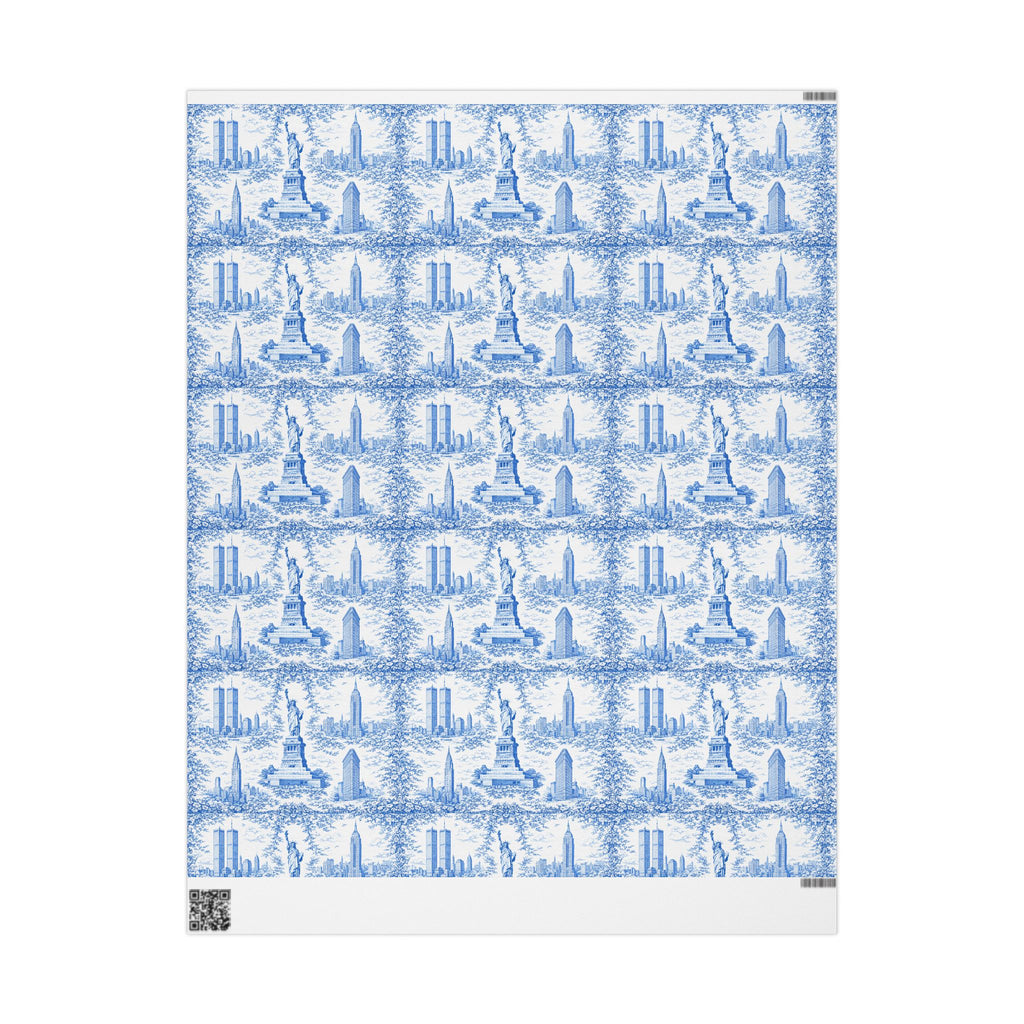 Manhattan NYC Blue Toile Gift Wrapping Papers   Chinoiserie New York City Gift Wrap Empire State Building Twin Towers Statue of Liberty