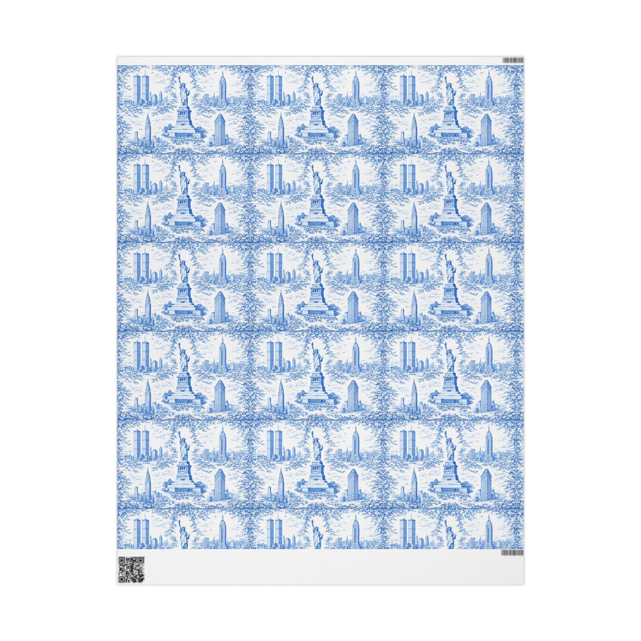 Manhattan NYC Blue Toile Gift Wrapping Papers   Chinoiserie New York City Gift Wrap Empire State Building Twin Towers Statue of Liberty